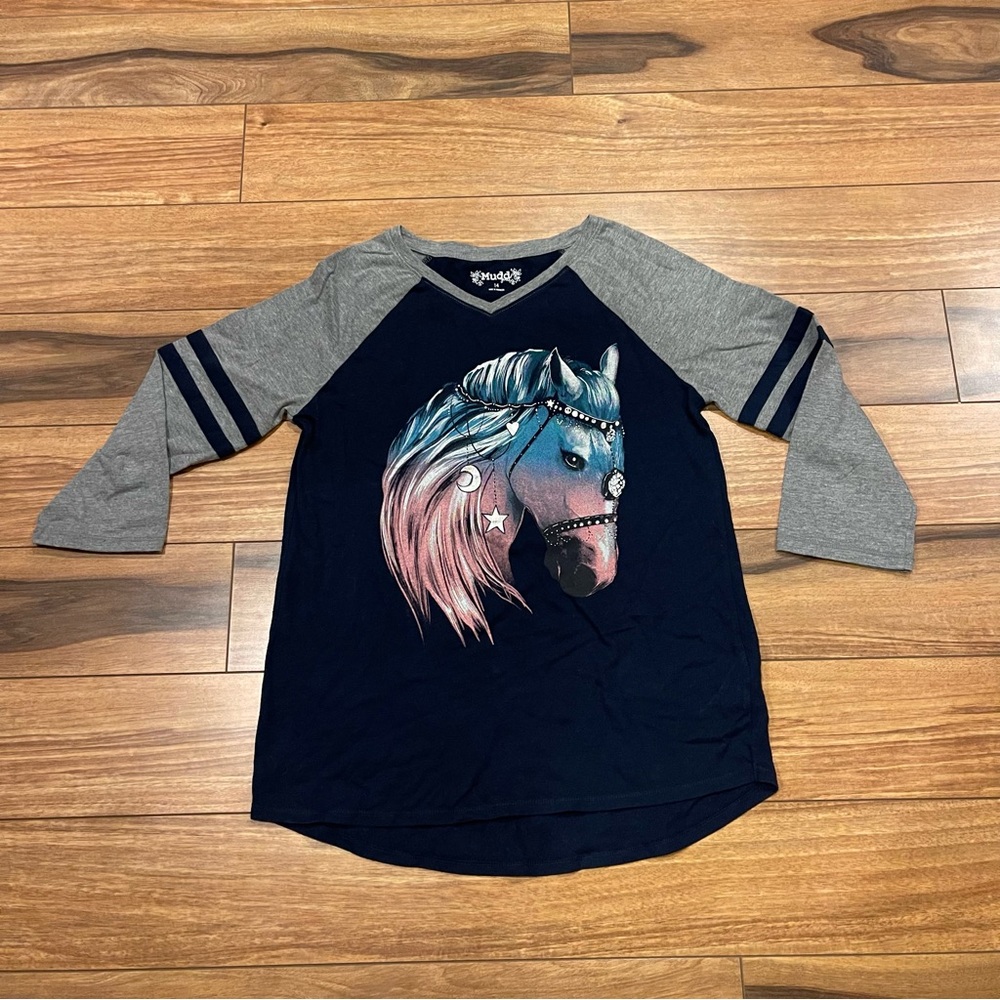 Mudd Navy and Gray Horse Graphic Long Sleeve Tee